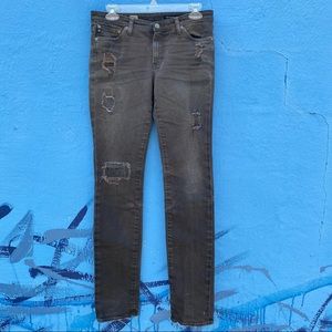 Black AG premiere skinny straight jeans, distressed feathering holes size 31R
